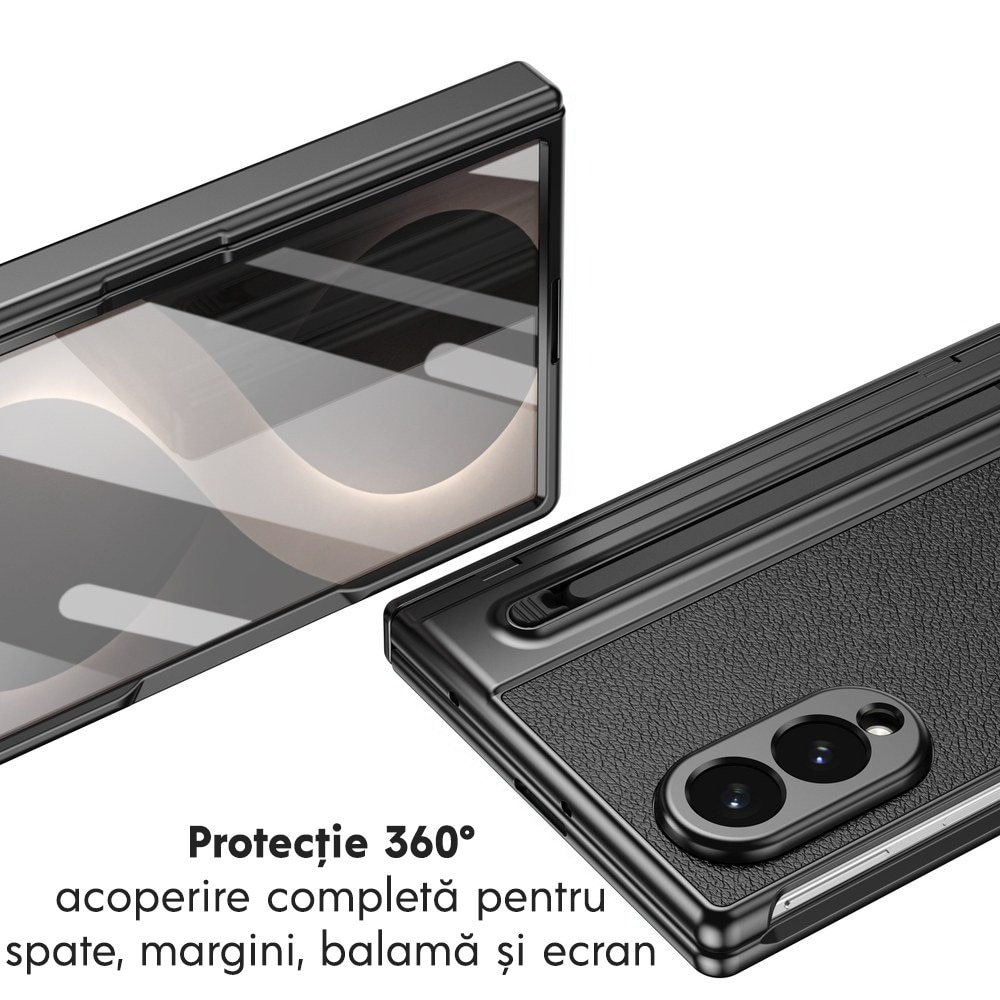 Husa pentru Samsung Galaxy Z Fold 8, DaDen Skin, Protectie completa 360°, TouchPen inclus, Protectie ecran, Textura piele, Protectie balama, Negru