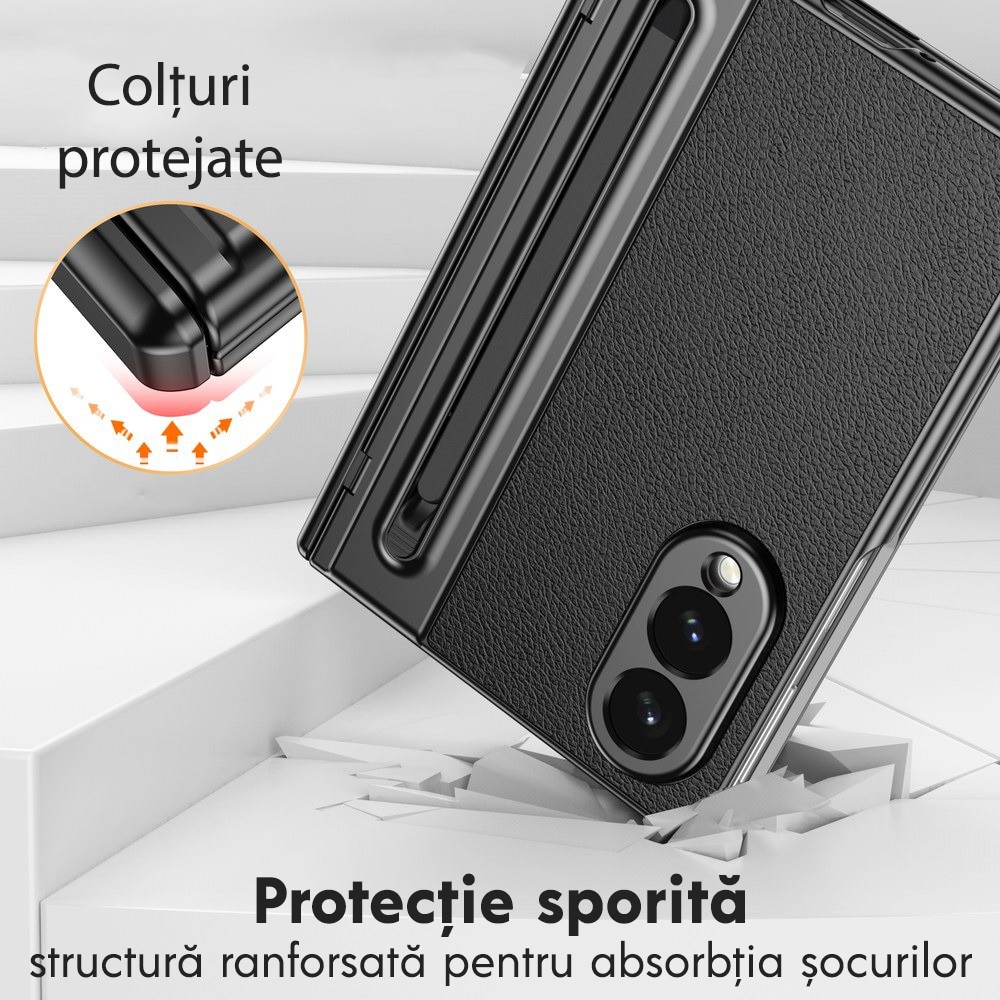 Husa pentru Samsung Galaxy Z Fold 8, DaDen Skin, Protectie completa 360°, TouchPen inclus, Protectie ecran, Textura piele, Protectie balama, Negru