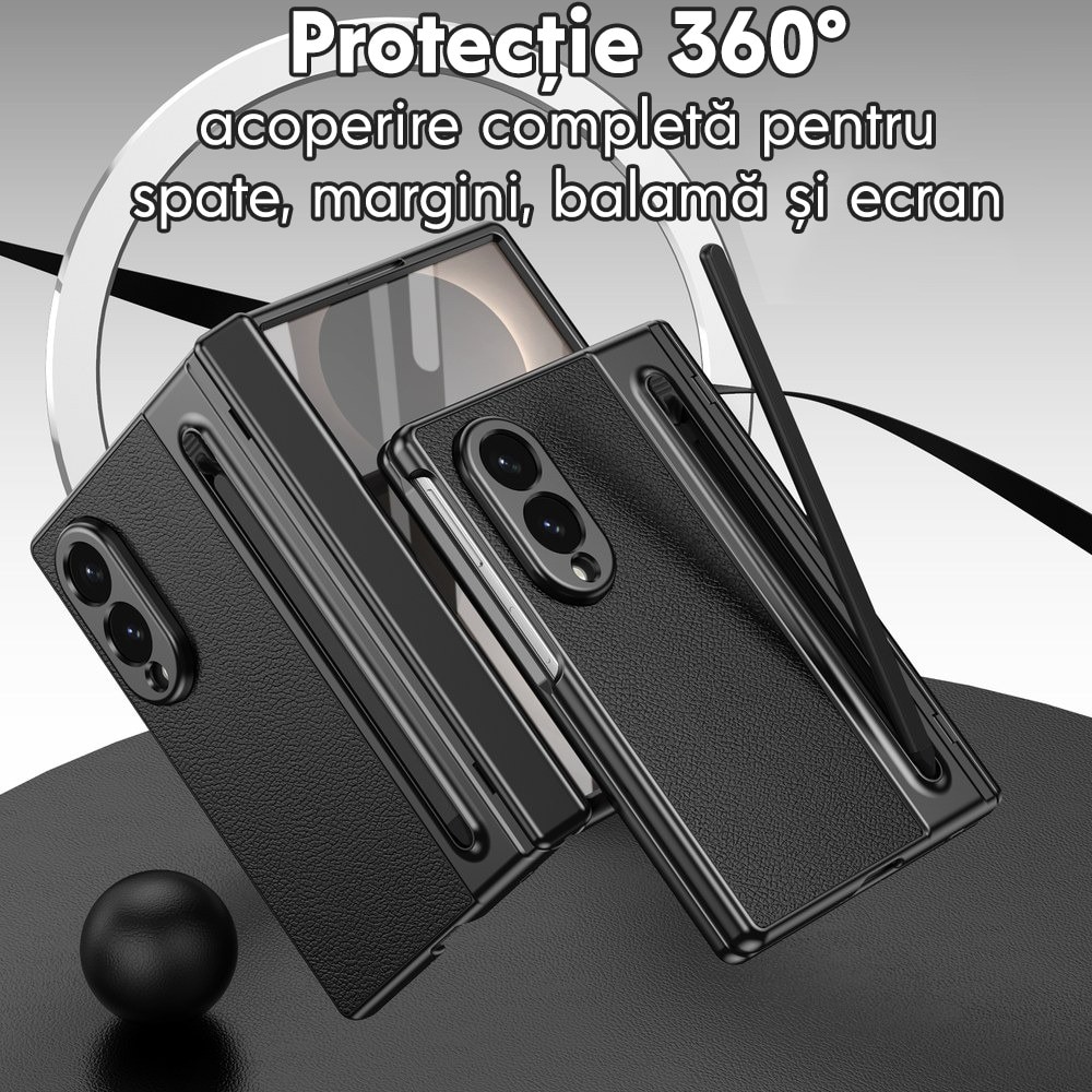 Husa pentru Samsung Galaxy Z Fold 8, DaDen Skin, Protectie completa 360°, TouchPen inclus, Protectie ecran, Textura piele, Protectie balama, Negru
