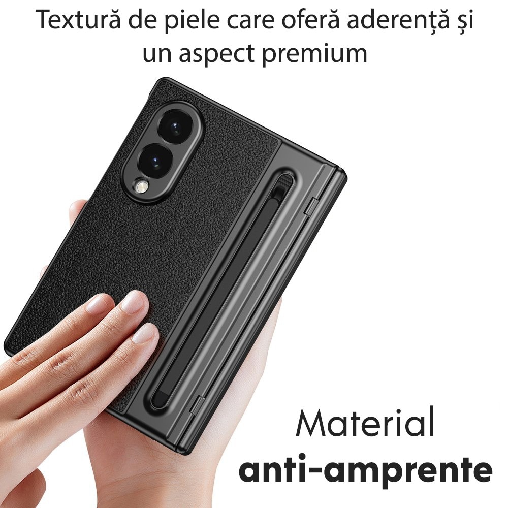 Husa pentru Samsung Galaxy Z Fold 8, DaDen Skin, Protectie completa 360°, TouchPen inclus, Protectie ecran, Textura piele, Protectie balama, Negru