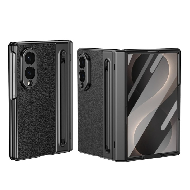 Husa pentru Samsung Galaxy Z Fold 8, DaDen Skin, Protectie completa 360°, TouchPen inclus, Protectie ecran, Textura piele, Protectie balama, Negru