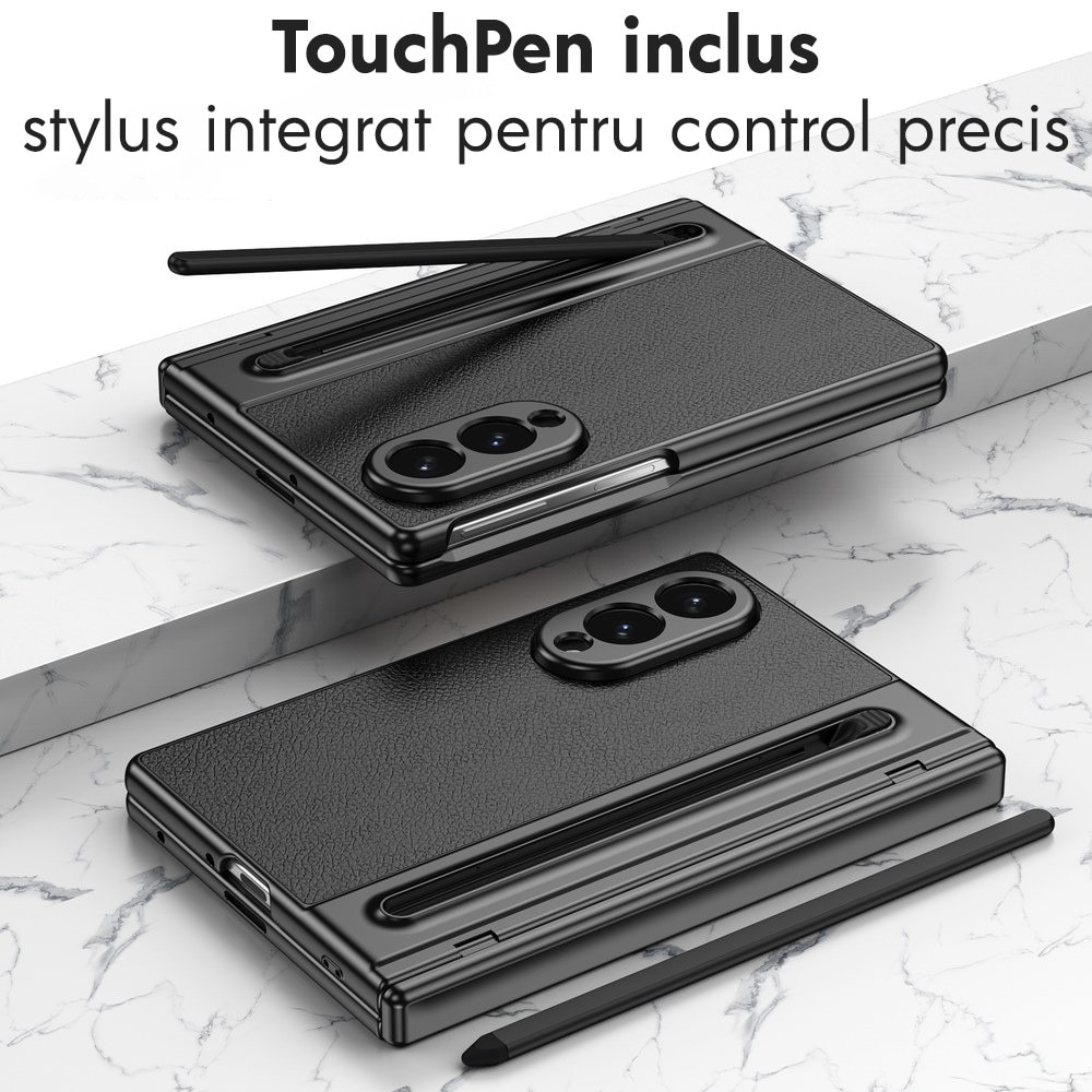 Husa pentru Samsung Galaxy Z Fold 8, DaDen Skin, Protectie completa 360°, TouchPen inclus, Protectie ecran, Textura piele, Protectie balama, Negru