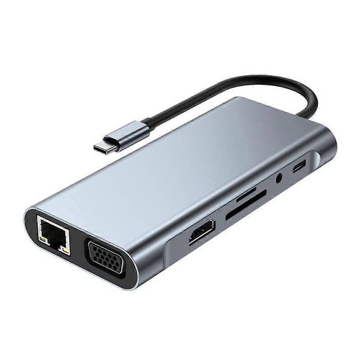 USB-C elosztó 11 az 1-ben FU-K027620260821-7292, PD 100W, HDMI 4K@30Hz, VGA 1080p, RJ45 100Mbps, USB 3.0 x1 + USB 2.0 x3, SD/TF kártyaolvasó, 3.5mm jack, alumínium, szürke