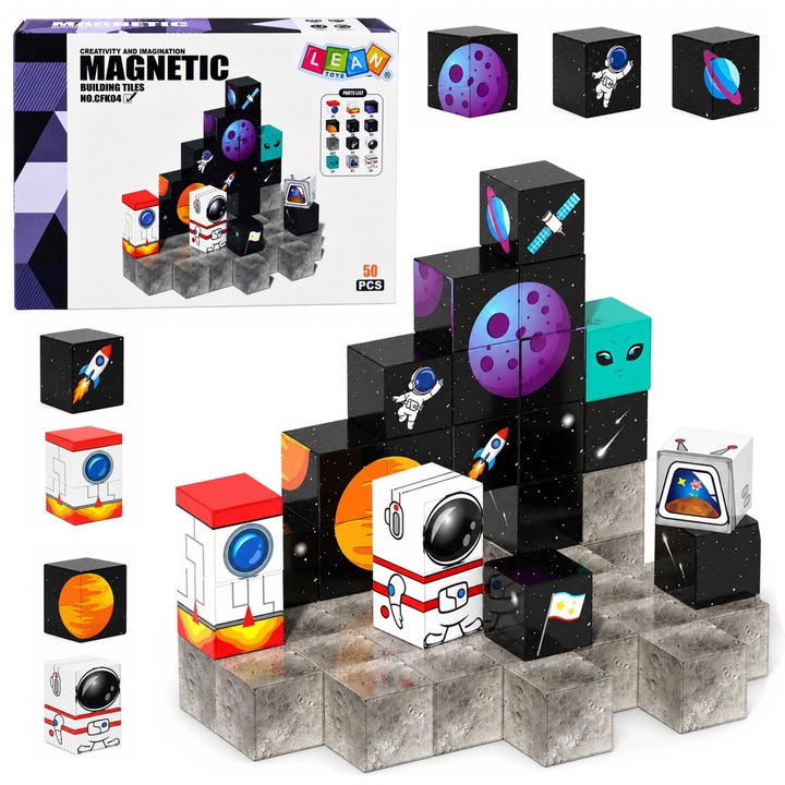 Set de cuburi magnetice LEAN Toys 32067, tematica cosmos, cu magneti, imprimeuri astronaut/planeta, multicolor, 50 piese, 2 x 2 cm