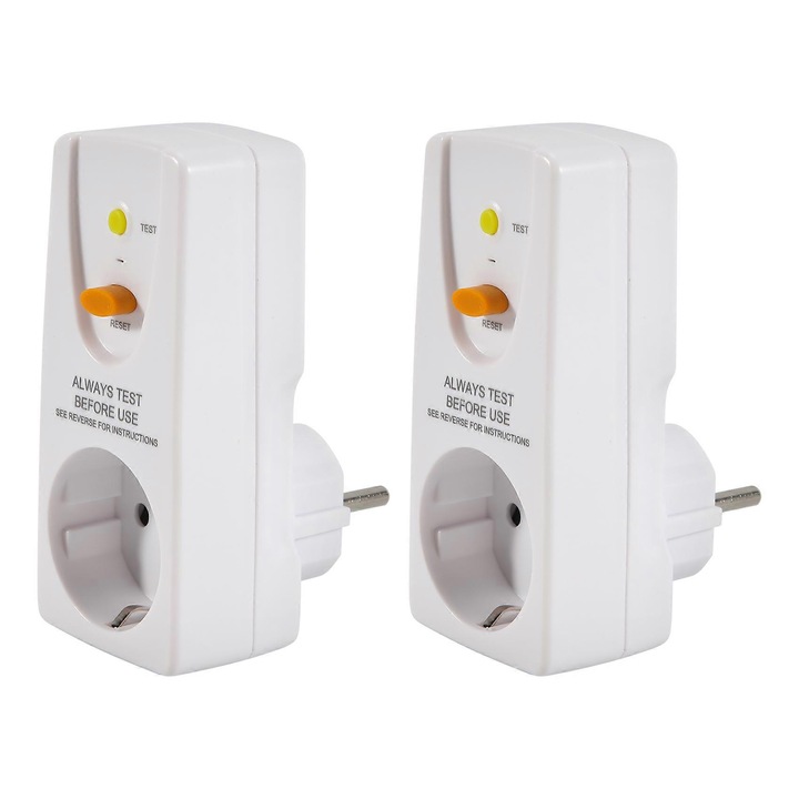 Adaptor priza cu protectie diferentiala (RCD) FU-K027620260821-7094, 16 A, curent rezidual 10 mA, 220–250 V, IP44, buton Test/Reset, tip EU, alb, set 2 buc.