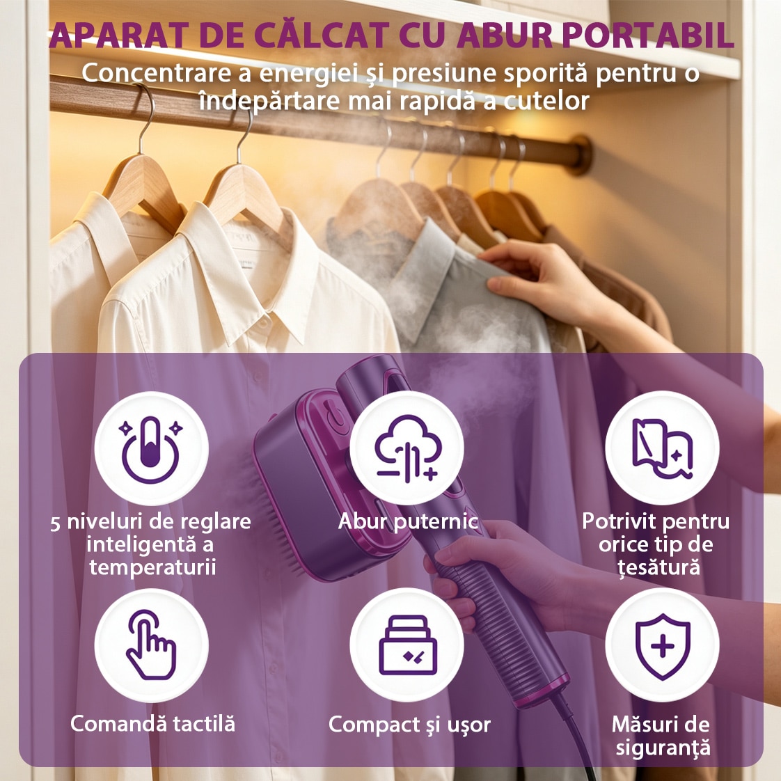 Fier De Calcat Vertical Si Orinzontal Portabil, Yulinland, Putere 1600W, Rezervor 120 ml, Cu Abur, 3 Moduri De Calcare, Functie Umeda/Uscata, Display LED, Buton Touch, Negru violet