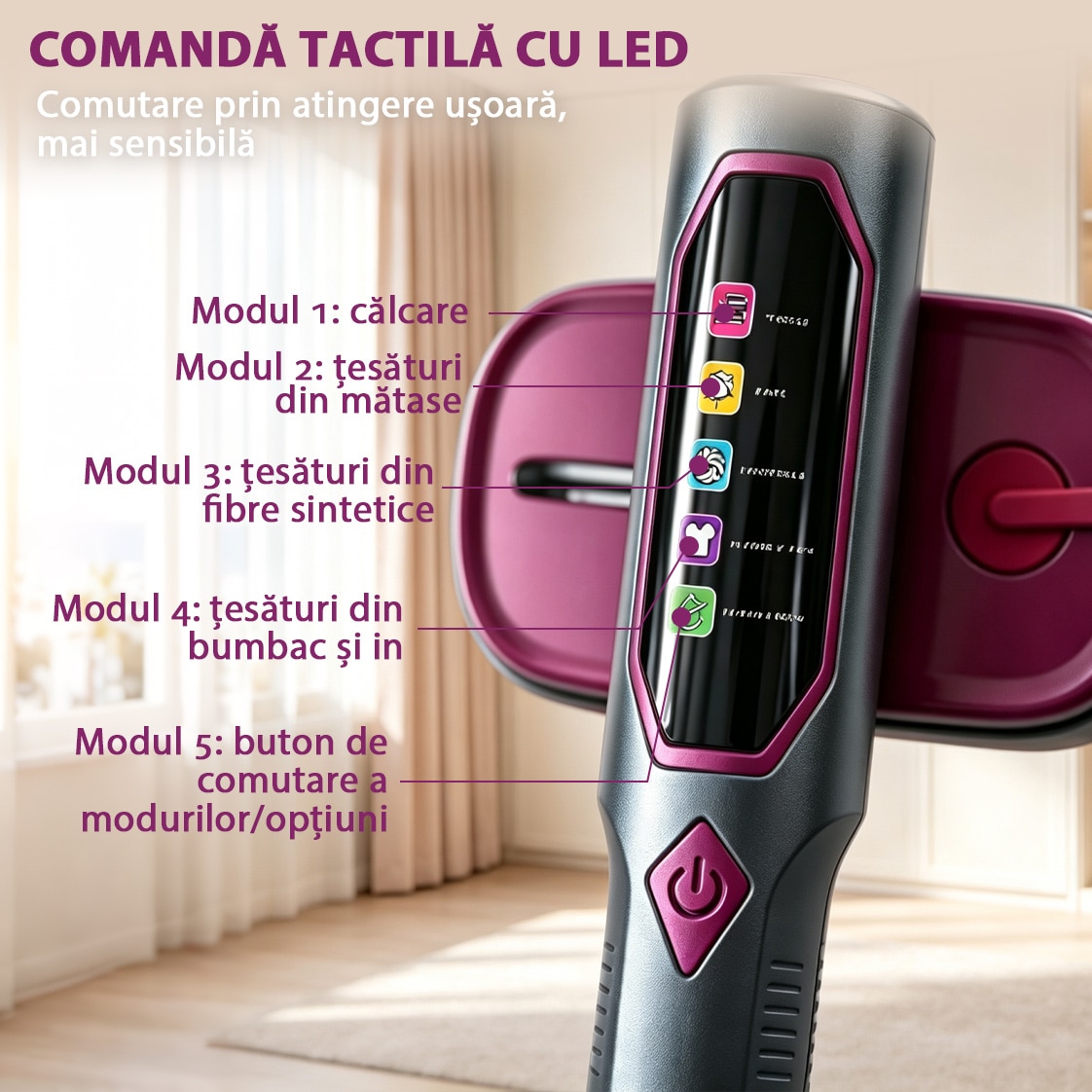 Fier De Calcat Vertical Si Orinzontal Portabil, Yulinland, Putere 1600W, Rezervor 120 ml, Cu Abur, 3 Moduri De Calcare, Functie Umeda/Uscata, Display LED, Buton Touch, Negru violet