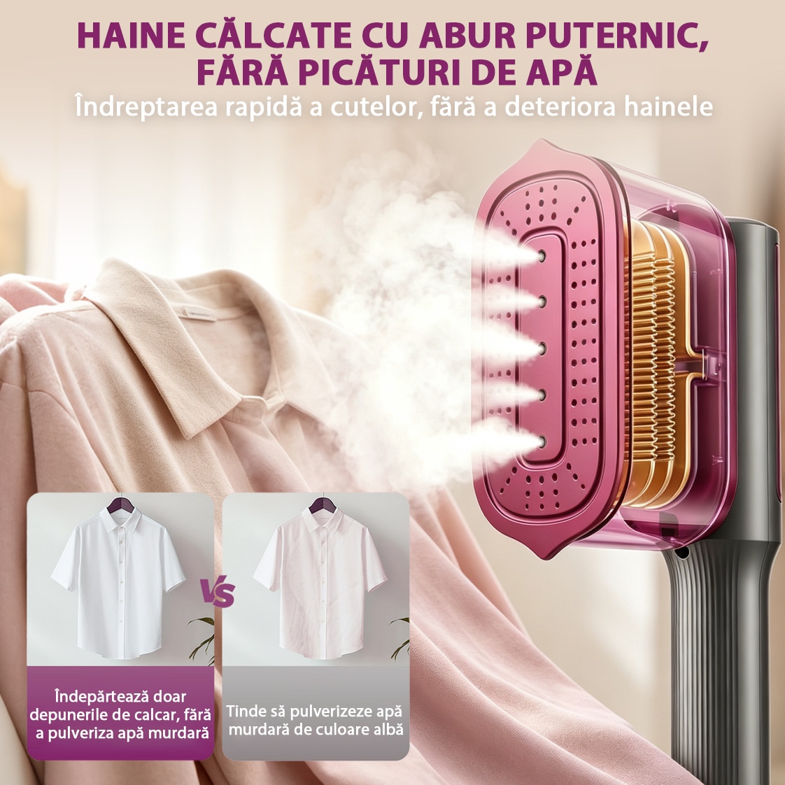 Fier De Calcat Vertical Si Orinzontal Portabil, Yulinland, Putere 1600W, Rezervor 120 ml, Cu Abur, 3 Moduri De Calcare, Functie Umeda/Uscata, Display LED, Buton Touch, Negru violet