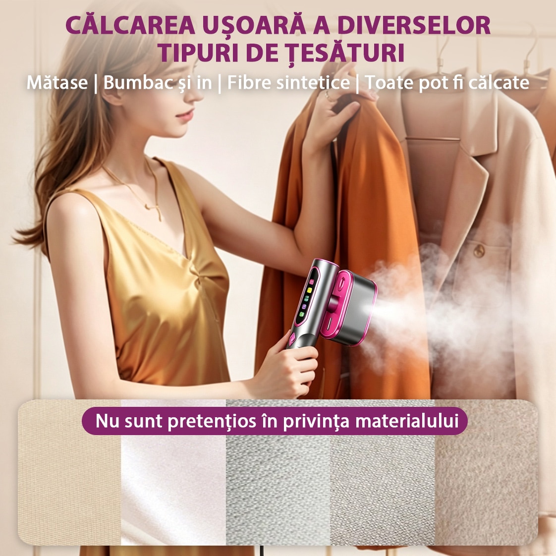 Fier De Calcat Vertical Si Orinzontal Portabil, Yulinland, Putere 1600W, Rezervor 120 ml, Cu Abur, 3 Moduri De Calcare, Functie Umeda/Uscata, Display LED, Buton Touch, Negru violet