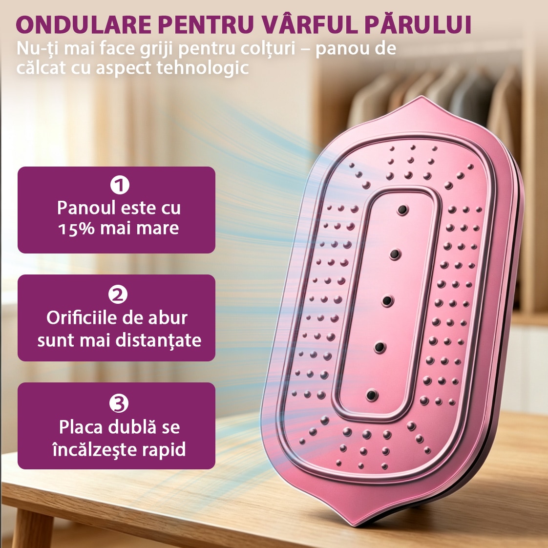 Fier De Calcat Vertical Si Orinzontal Portabil, Yulinland, Putere 1600W, Rezervor 120 ml, Cu Abur, 3 Moduri De Calcare, Functie Umeda/Uscata, Display LED, Buton Touch, Negru violet
