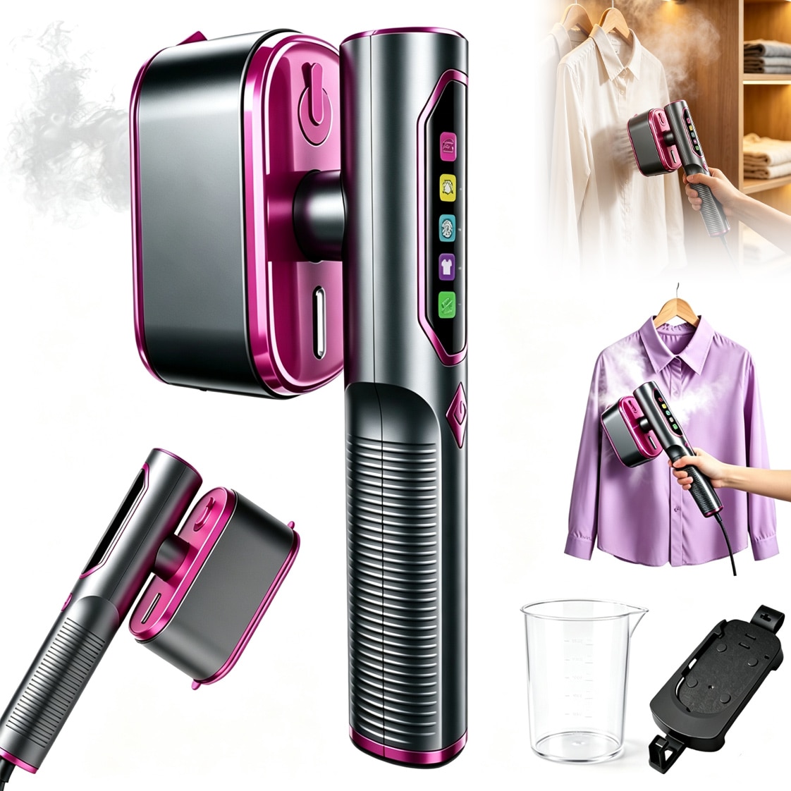 Fier De Calcat Vertical Si Orinzontal Portabil, Yulinland, Putere 1600W, Rezervor 120 ml, Cu Abur, 3 Moduri De Calcare, Functie Umeda/Uscata, Display LED, Buton Touch, Negru violet