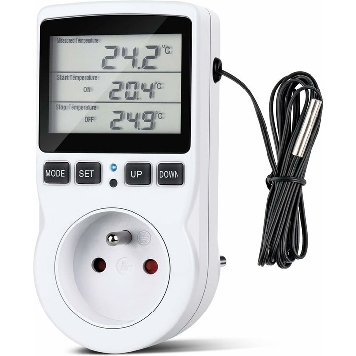 Priză temporizator digitală Xoethralix, sonda externă din oțel inoxidabil, LCD, 230V 16A, pentru încălzire și răcire