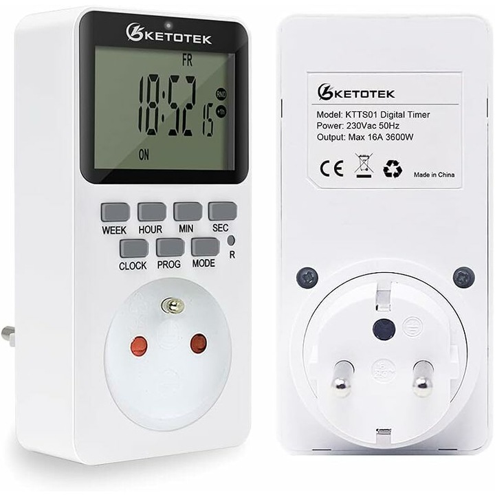 Priza cu temporizator digital standard german 16A 3600W, Priza cu temporizator digital german 16A/3600W, LCD programabil saptamanal, AC230V, Potrivit pentru uz casnic (1 unitate)