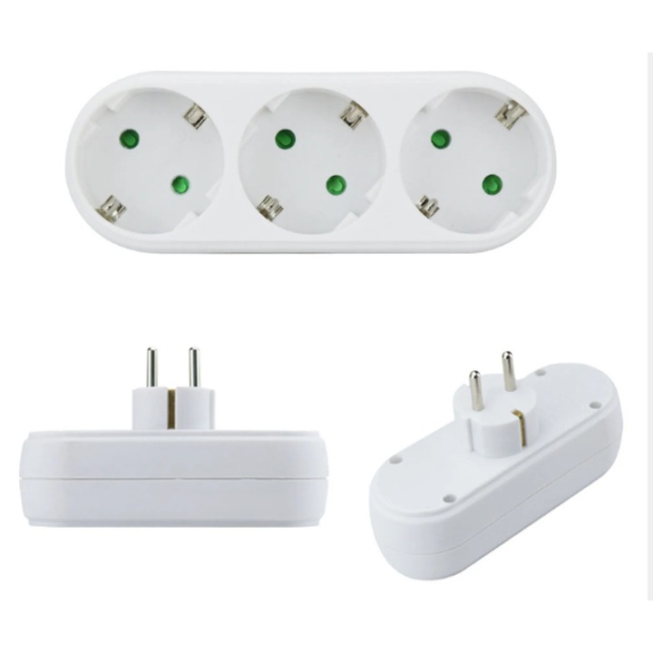Adaptor priza cu 2 pini si trei pini, 16A/250V, priza multifunctionala de perete sau birou pentru prelungitor de la unu la trei (2 bucati)