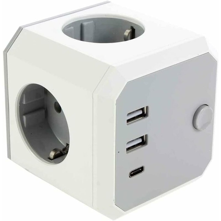 Un prelungitor in forma de cub cu 4 prize CA, 2 porturi USB si 1 port Type-C (7 in 1) cu comutator si adaptor wireless, cu diametrul de aproximativ 76 mm, potrivit pentru acasa, birou si calatorii