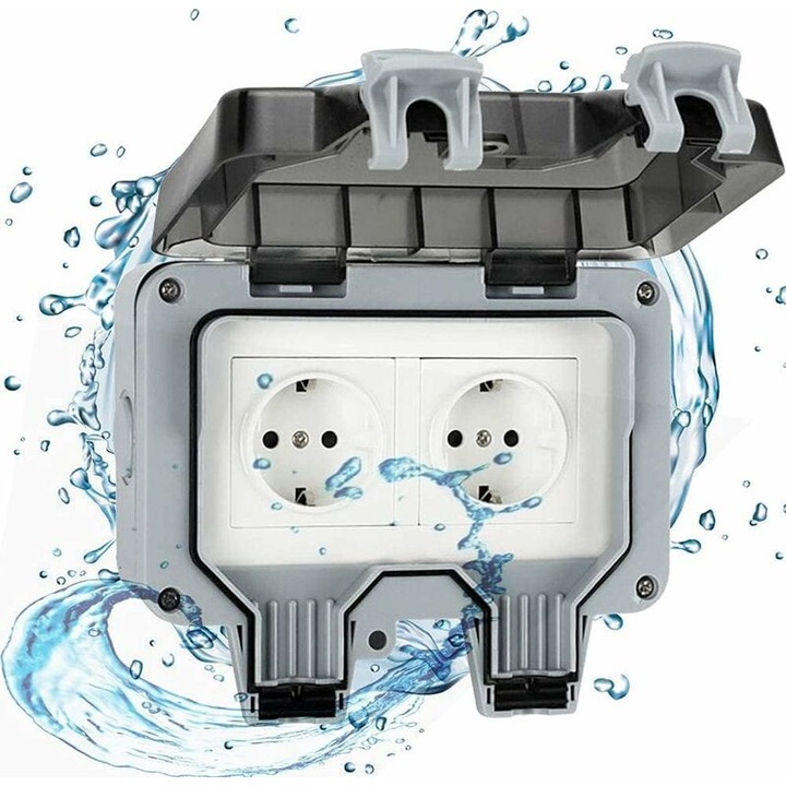 Priza de perete impermeabila de 16A IP66 cu capac, cu o adancime de 3, 6 cm, potrivita pentru gradini, terase, soproane, garaje si subsoluri