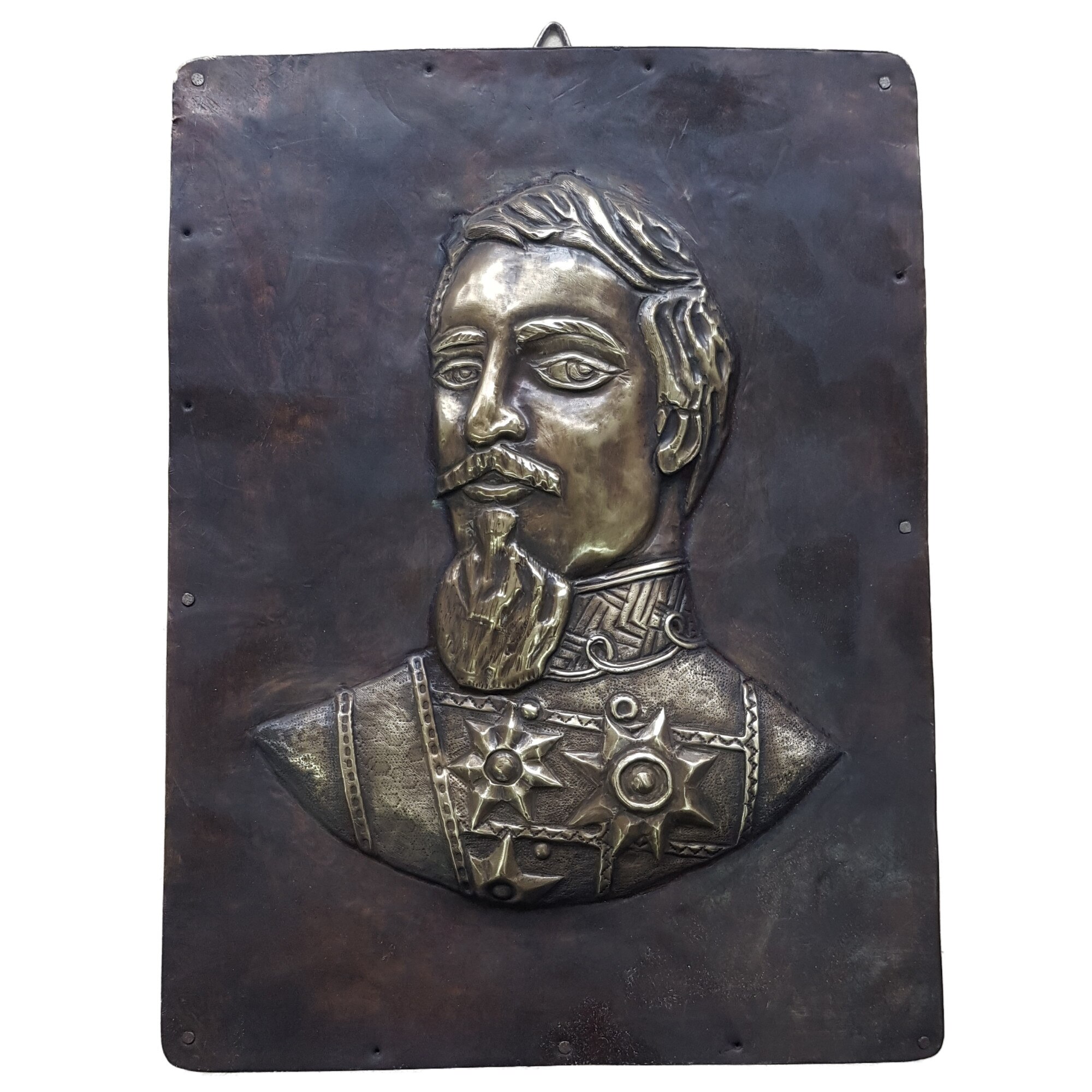 Tablou din alama cizelata, aplicata pe suport de lemn, reprezentand pe Alexandru Ioan Cuza