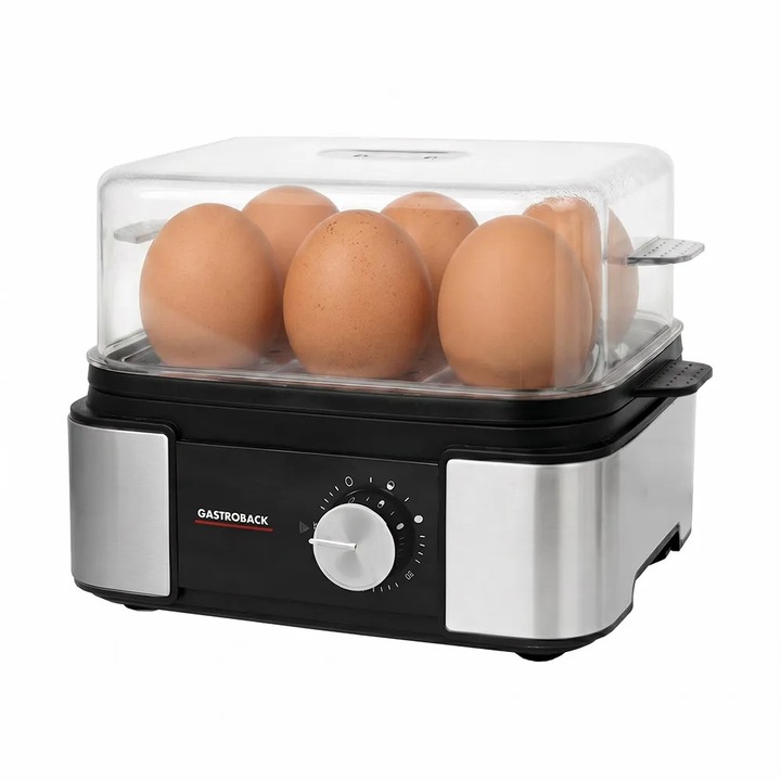 Fierbator de oua Gastroback, 6 oua, 3 programe prestabilite, insertie pentru posare/gatire la abur, comutator ajustabil, semnal acustic finalizare program, oprire automata, timer 30 min, manere Cool Touch, usor de curatat, utilizare intuitiva, argintiu