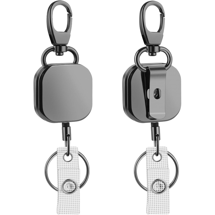 Set 2 Suporturi Retractabile Chei cu Cablu Otel 68cm, Clip Centura