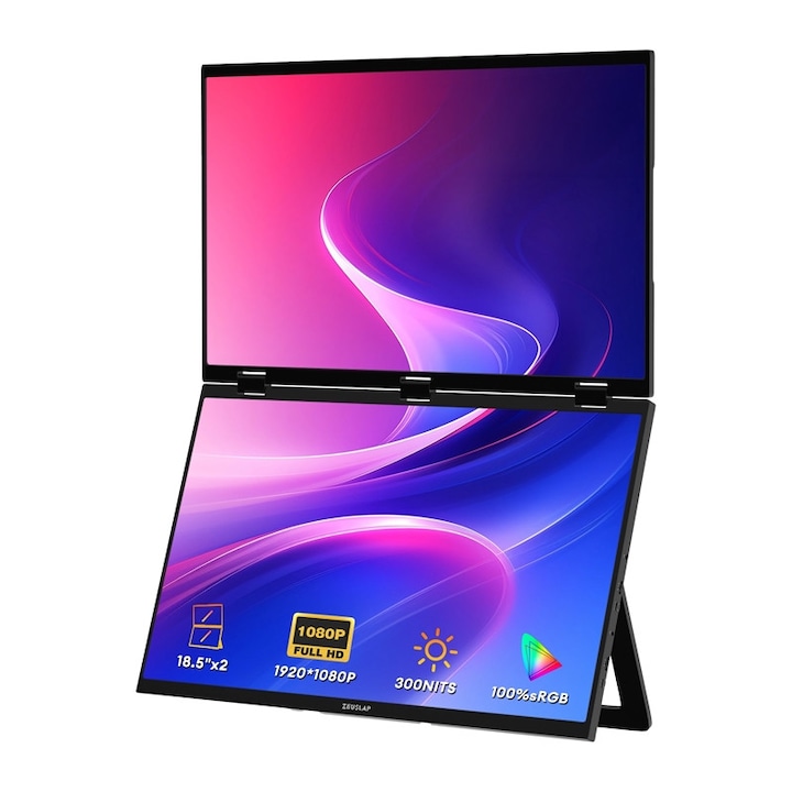 Monitor Portabil ZEUSLAP Z18W, Dual 18.5", Full HD (1920×1080), TFT-LCD, 120Hz, 25ms, 300 cd/m², 100% sRGB, 77% DCI-P3, Boxe Quad 4×1W, Mirror, Extend, Split, Portrait, Negru