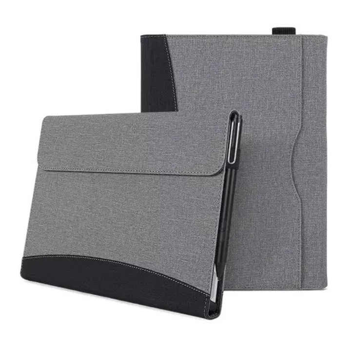 Husa pentru Surface Pro 4/5/6/7 VITERRA.4-25CDCJ-K0232-260829-2351, carcasa rigida PC cu exterior din piele PU si captuseala din microfibra, suport reglabil multi-unghi, compatibila cu tastatura, suport stylus si buzunar, gri/negru, 29.7 x 22 x 2 cm