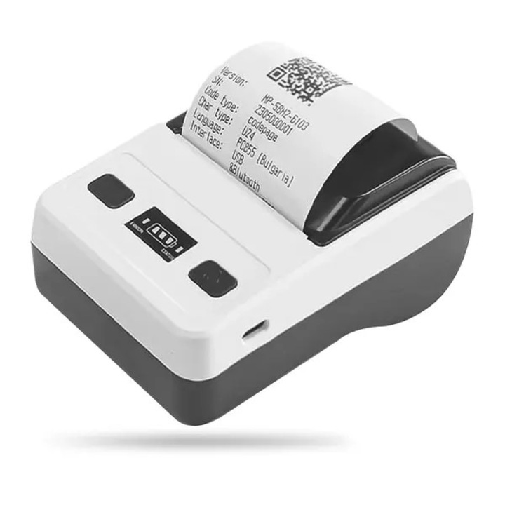 CN-k0504-260821-1917 mobil hőnyomtató, Bluetooth és USB, 58 mm (papírszélesség), 70–90 mm/s sebesség, 203 DPI, 2000 mAh akkumulátor, fekete/fehér