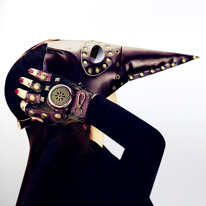 Masca steampunk tip cioc de ciuma din piele ecologica cu tinte metalice, maro inchis, PLKP-k0587-260821-011