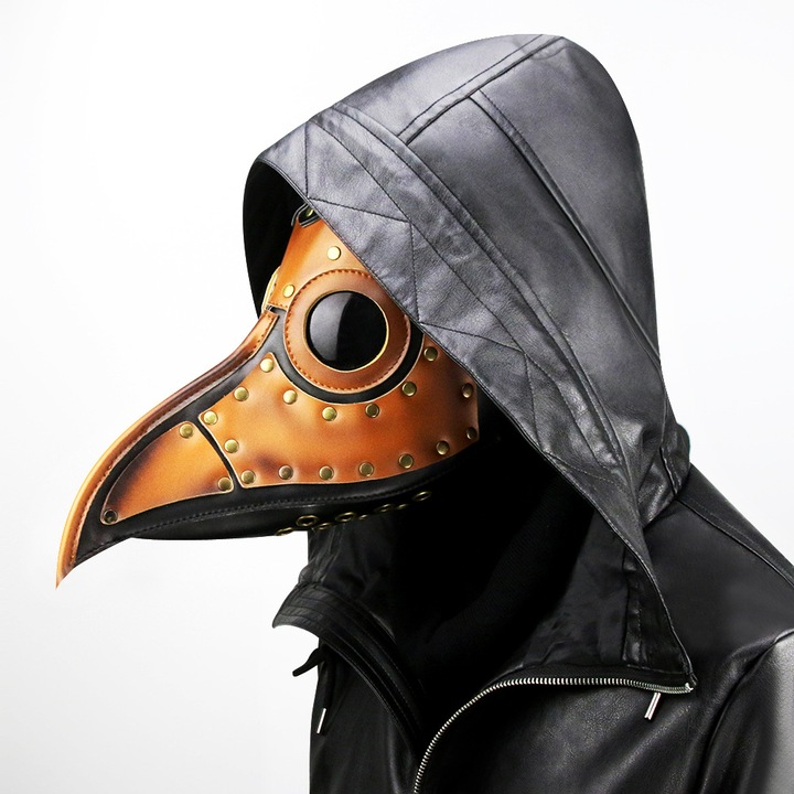 Masca cioc de ciuma steampunk din piele ecologica cu nituri si lentile, HG090, maro/negru