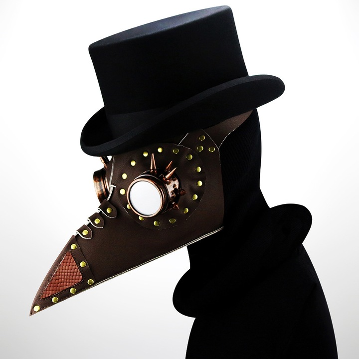 Masca steampunk ciumanier din piele cu cioc lung, nituri si lentile decorative, HG073, maro