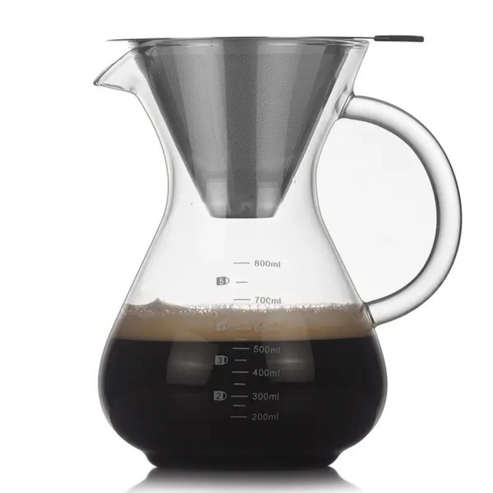Cafetiera pour over CN-k0504-260821-1212 din sticla borosilicata cu filtru din otel inoxidabil, transparent, 800 ml