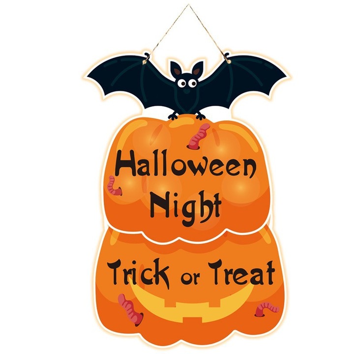 Decoratiune de agatat pentru usa stil lilieci cu dovleac pentru Halloween, portocaliu/negru, 1 buc (include sfoara)
