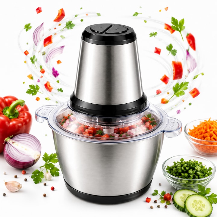 Mini tocator chopper electric Victronic VC393, 400W, 0.5L, lame inox, Negru