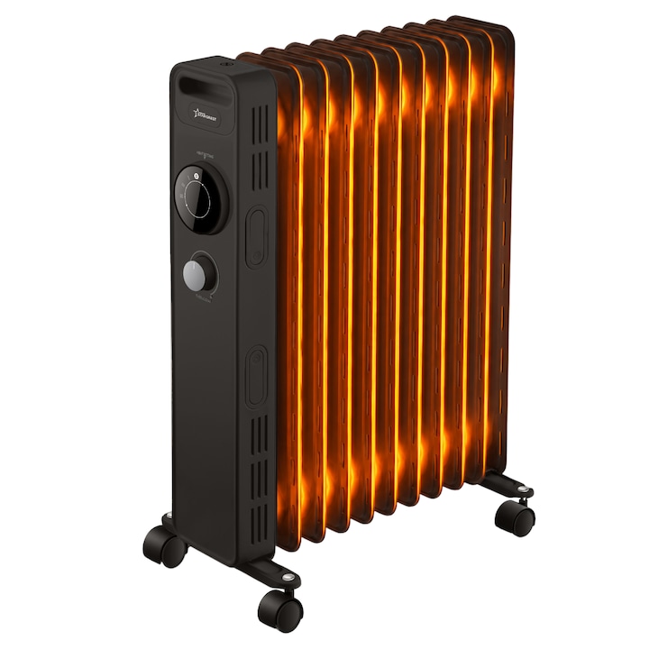 Маслен електрически радиатор STARCREST SOH-1123MBK, 2300 W, 11 секции, 3 степени на мощност, механичен термостат, защита от прегряване, защита при преобръщане, черен цвят