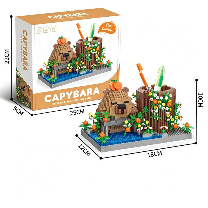Set de constructie capybara PLKP-k0587-260820-249, blocuri tip micro cu suport pentru pix, jucarie educativa pentru copii, 18 x 12 x 10 cm