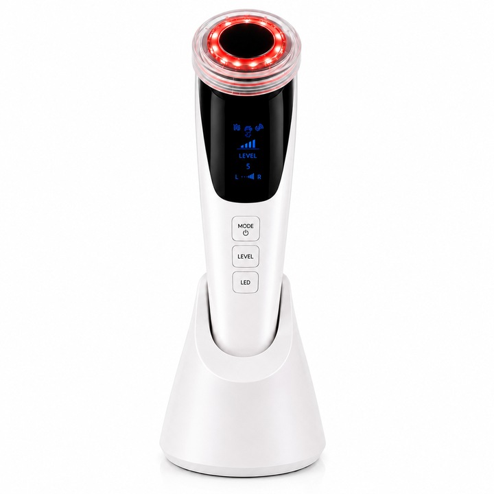 Професионален апарат за лифтинг на лице NewEvo® RF Beauty Pro 5 в 1, радиочестота RF, EMS микроток, LED терапия, загряване, звукови вибрации, против бръчки, подмладяване на лицето, USB презареждащ се