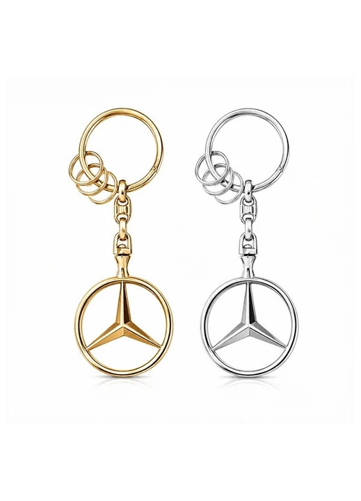 Két darab Mercedes-Benz Brussels DEPOX® kulcstartó, fényes felület, 3 extra karika, 9 cm, arany/ezüst