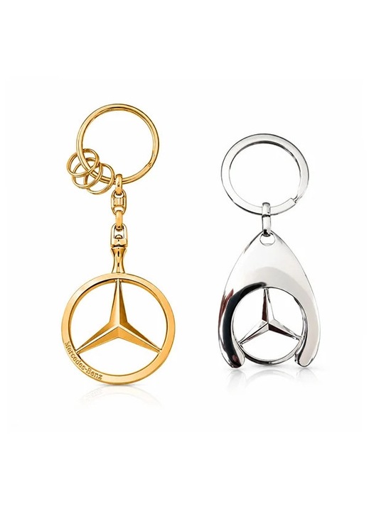Készlet 2 Mercedes-Benz kulcstartó, fém, elegáns kialakítás, kulcstartó gyűrűk, arany/ezüst, 7, 5 cm/9 cm