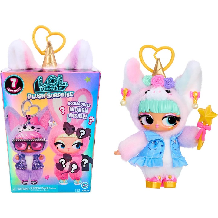 Jucarie−breloc de plus papusa L.O.L. Surprise! Seria Plush Surprise, Unicorn Cora, Blind Box