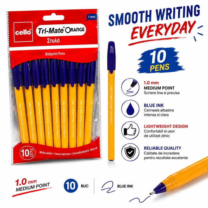 Комплект от 10 химикалки Cello Tri-Mate Orange, жълто тяло, синьо мастило, връх 1.0 мм, гладко писане, за училище и офис
