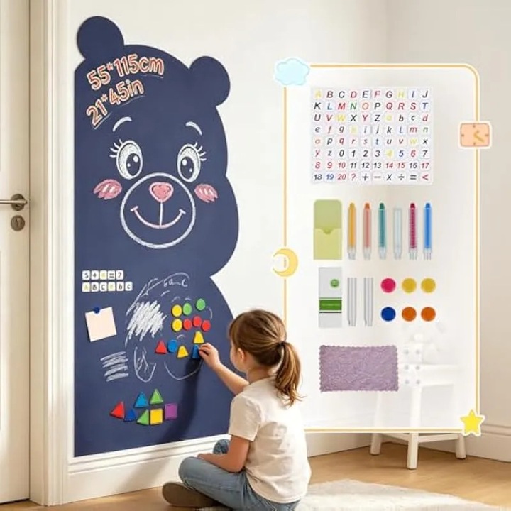Autocolant tabla magnetica in forma de urs K0579-CJ-260821-827, cu litere si numere magnetice, 6 crete fara praf, suport, laveta si accesorii, bleumarin, 115 x 55 cm