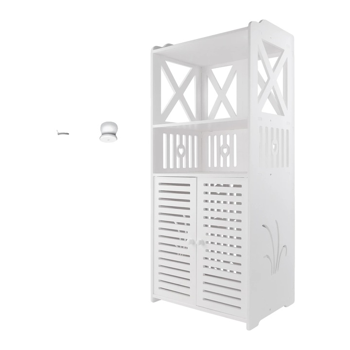 Dulap de depozitare pentru baie din PVC, 3 polite, usi duble, tip freestanding, alb, 40 x 25 x 90 cm