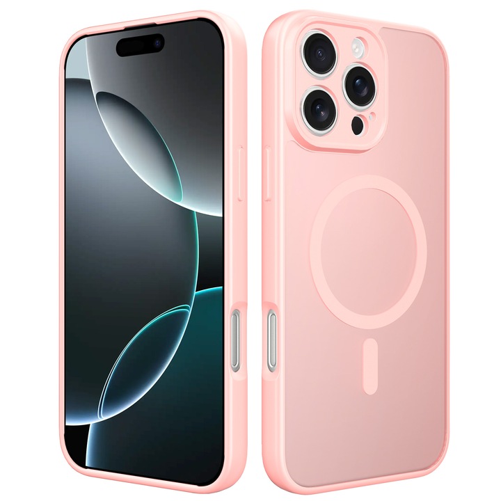 Husa de protectie compatibila cu iPhone 16 Pro Max, Omelivon, MagSafe, Protectie completa, Anti zgarieturi, Decupaje Precise, Incarcare Wireless, Design translucid, din Material PC+TPU, Roz