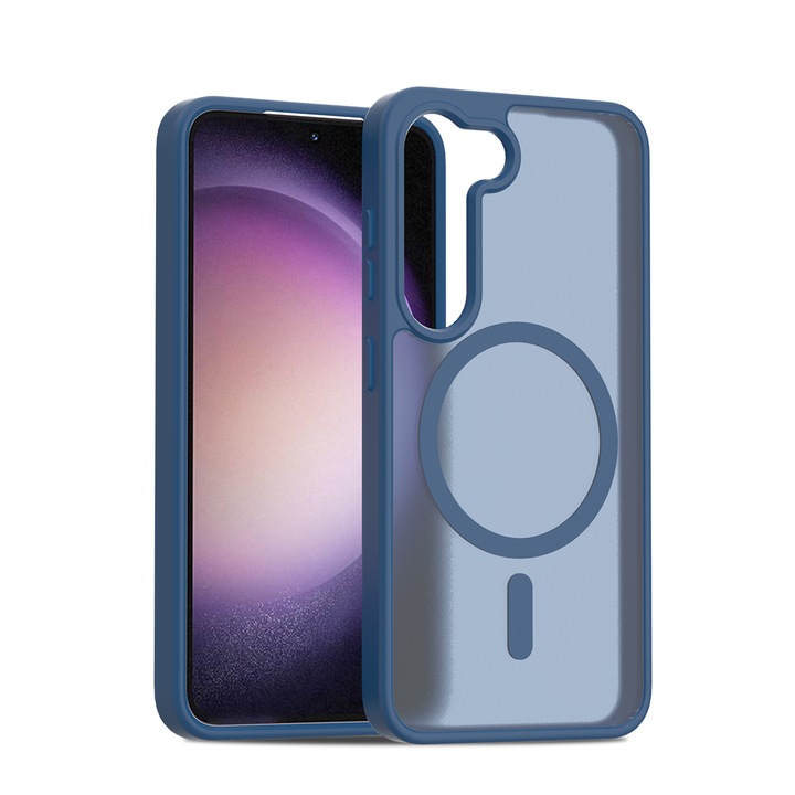 Husa de protectie pentru Samsung Galaxy S23, Omelivon, MagSafe, Design translucid, Antisoc, Margini Ridicate pentru Protectia Ecranului si a Camerelor, TPU+PU, Design translucid, Albastru inchis