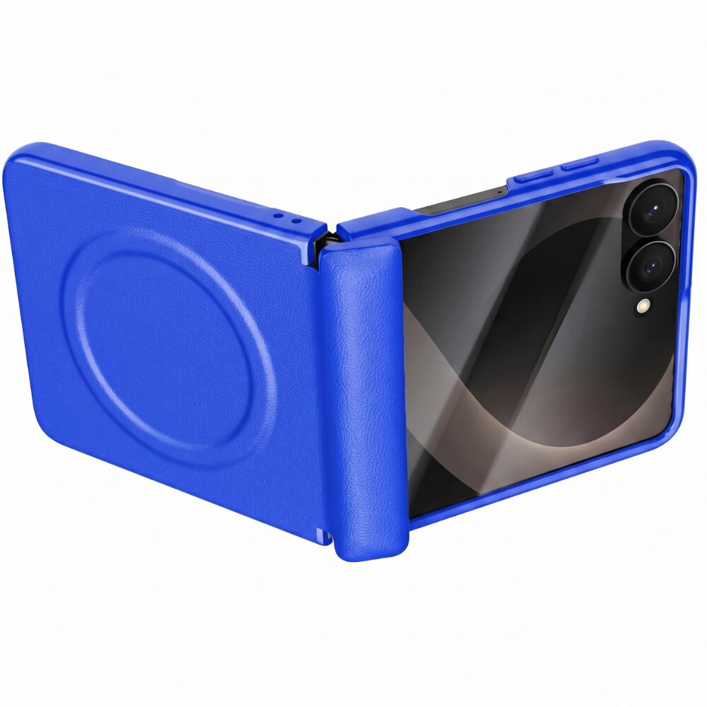Husa Premium pentru Samsung Galaxy Z Flip8 / Flip 8, Pachet 360°, Textura Piele, MagSafe, Folie Ecran Exterior Integrata, Protectie Balama, Blue