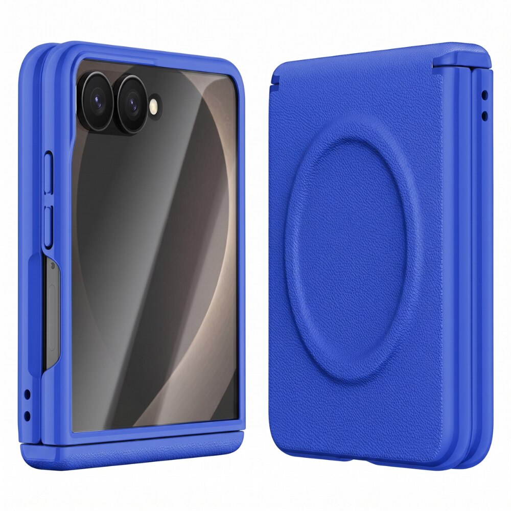 Husa Premium pentru Samsung Galaxy Z Flip8 / Flip 8, Pachet 360°, Textura Piele, MagSafe, Folie Ecran Exterior Integrata, Protectie Balama, Blue