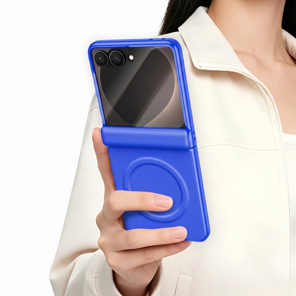 Husa Premium pentru Samsung Galaxy Z Flip8 / Flip 8, Pachet 360°, Textura Piele, MagSafe, Folie Ecran Exterior Integrata, Protectie Balama, Blue