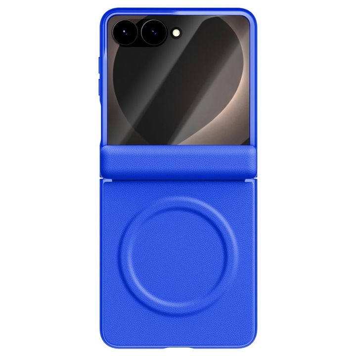 Prémium tok Samsung Galaxy Z Flip8 / Flip 8 készülékhez, 360°-os csomag, Bőr textúra, MagSafe, Integrált külső képernyőfólia, Zsanérvédelem, Kék
