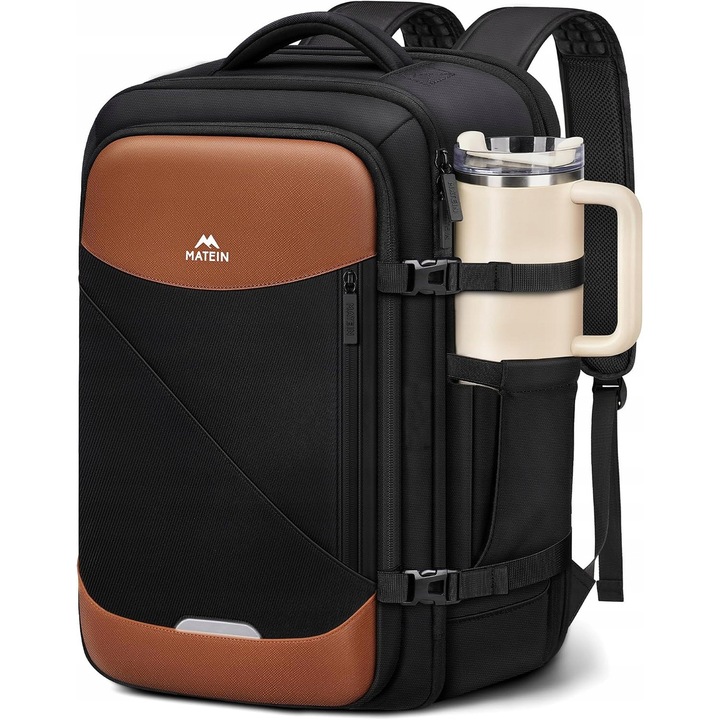 Matein, rucsac de calatorie din poliester hidrofug cu compartiment pentru laptop 17.3 (model 1757), deschidere 90–180° (TSA), port USB-A/USB-C, buzunar anti-furt si slot tracker, negru cu insertii maro, 45x35x20 cm