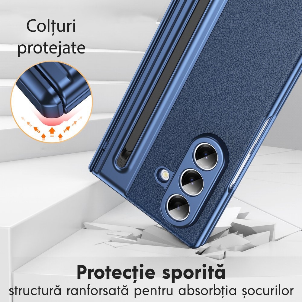Husa pentru Samsung Galaxy Z Fold 8 Ultra, DaDen Skin, Protectie completa 360°, TouchPen inclus, Protectie ecran, Textura piele, Protectie balama, Albastru