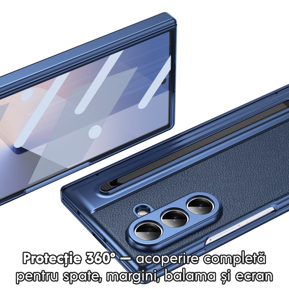 Husa pentru Samsung Galaxy Z Fold 8 Ultra, DaDen Skin, Protectie completa 360°, TouchPen inclus, Protectie ecran, Textura piele, Protectie balama, Albastru